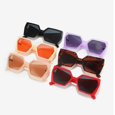 Stylish, trendy sunglasses in various colors and geometric frames for sun protection and fashion statement. Perfect for all seasons and outdoor activities.