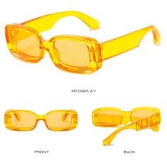 Bright yellow sunglasses with mirror lenses, durable plastic frame, stylish design for UV protection and fashion statement. Perfect for outdoor activities and trendy accessories.