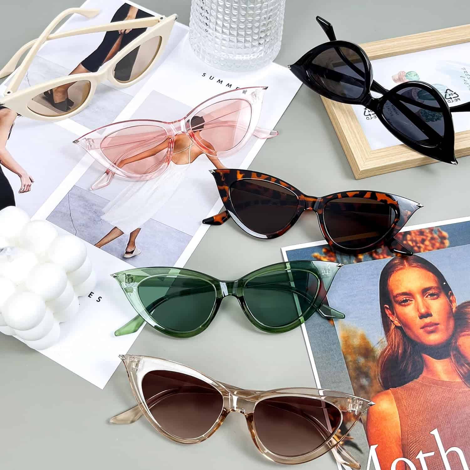 Stylish sunglasses with various frame shapes and tinted lenses, perfect for fashion-forward individuals interested in the latest eyewear trends at Monalisa Store.