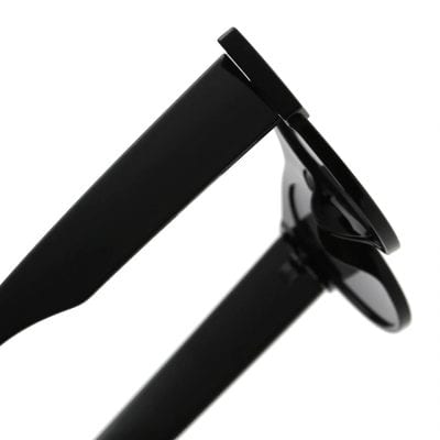 Close-up of stylish black eyeglasses with sleek design for optical comfort and fashion. Ideal for vision correction or everyday style.