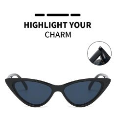 Stylish black cat-eye sunglasses with dark lenses, perfect for enhancing your fashion statement. Includes a close-up of the arm hinge for a premium look.