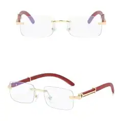 Elegant rimless eyeglasses with gold detailing, featuring lightweight design and adjustable nose pads, perfect for stylish vision correction.