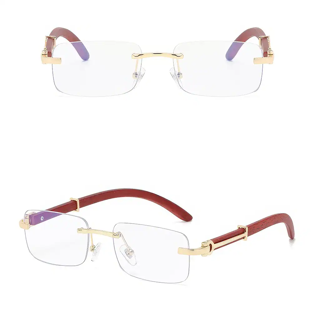 Elegant rimless eyeglasses with gold detailing, featuring lightweight design and adjustable nose pads, perfect for stylish vision correction.