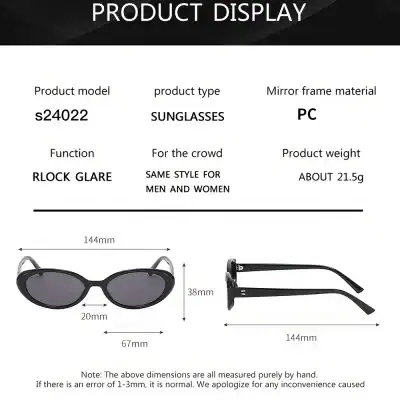 Optimized mirror sunglasses with PC frame, ideal for crowd protection, lightweight about 21.5g, featuring a 144mm width and 38mm height, perfect for stylish eye protection.