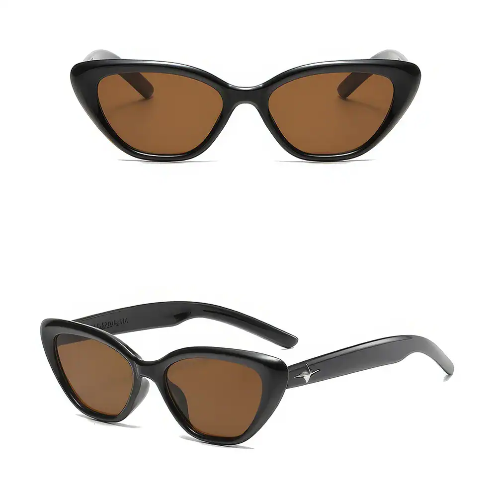 Stylish black cat-eye sunglasses with brown tinted lenses, perfect for UV protection and fashion. Unisex design suitable for both men and women.