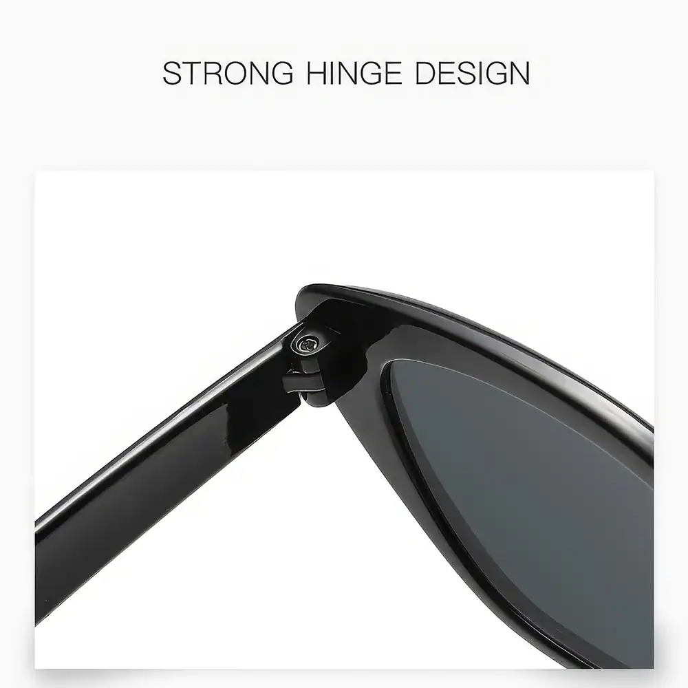 Close-up of durable and strong hinge design on stylish black sunglasses, showcasing high-quality craftsmanship and reliable fit, perfect for fashion-forward individuals seeking premium eyewear accessories.