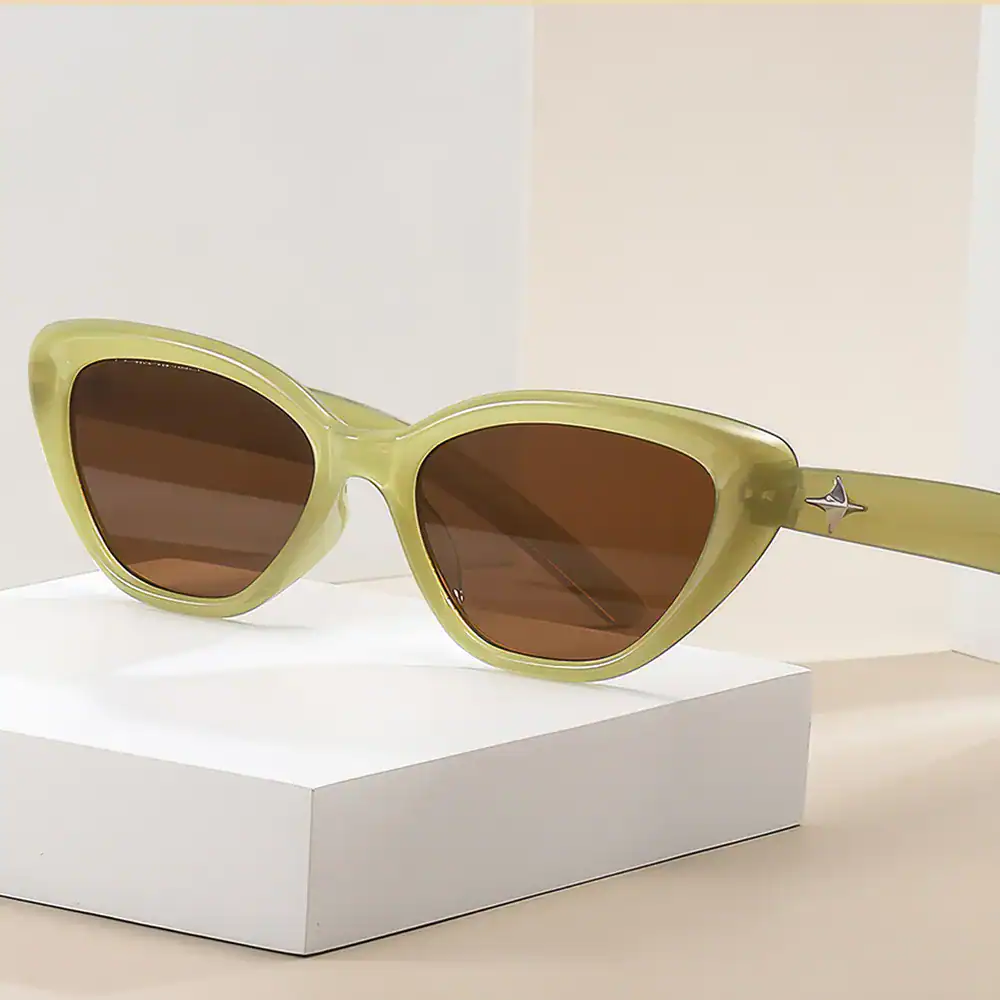 Elegant olive green sunglasses with brown tinted lenses, perfect for fashion-forward eye protection and UV blocking.