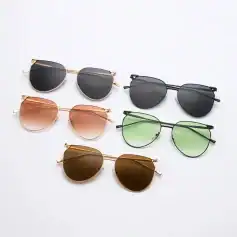 Fashionable sunglasses with different lens colors and frame styles for men and women.