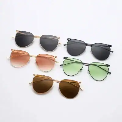 Fashionable sunglasses with different lens colors and frame styles for men and women.
