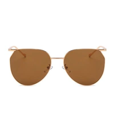 Stylish brown tinted sunglasses with gold metal frame for women and men, UV protection, perfect for summer and outdoor activities.