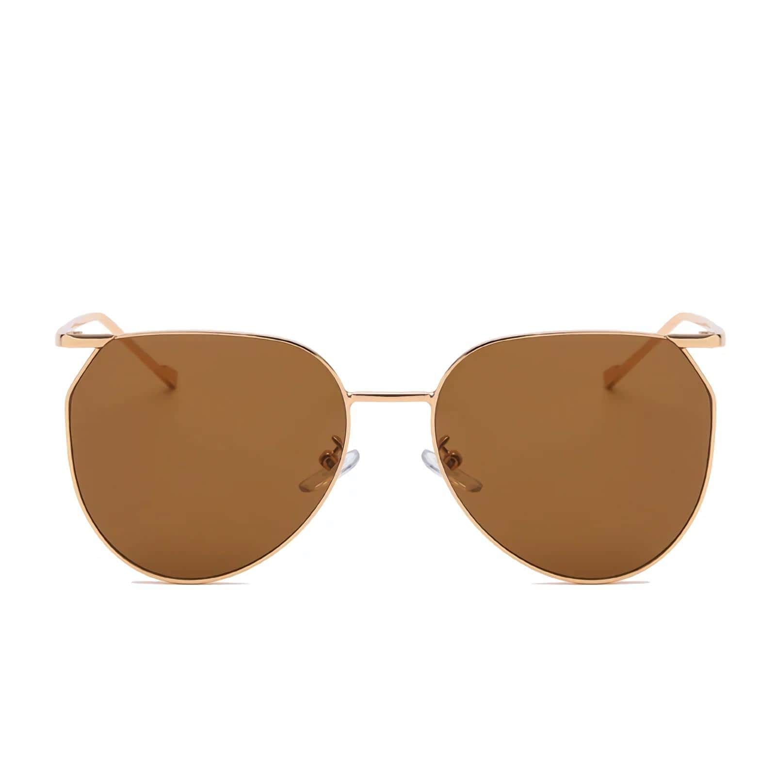 Stylish brown tinted sunglasses with gold metal frame for women and men, UV protection, perfect for summer and outdoor activities.