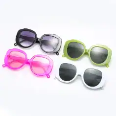 Stylish sunglasses in black, silver, green, pink, and white with UV-protective lenses for fashion and eye health.