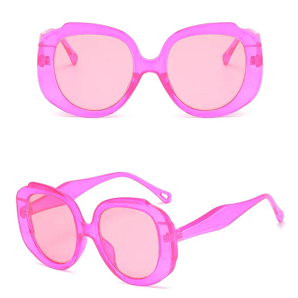 Bright pink fashion sunglasses for women with tinted lenses, perfect for summer and outdoor activities. Stylish and UV protective, ideal for sun protection and making a bold style statement.