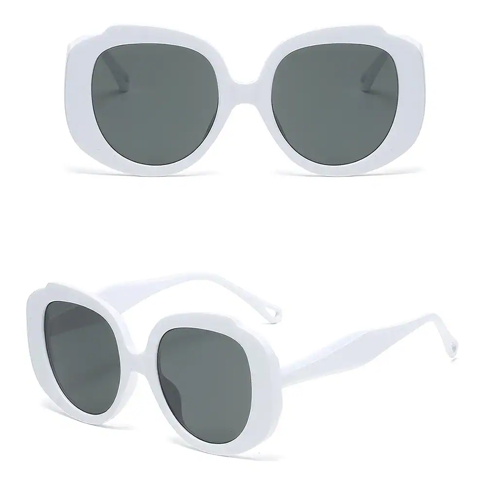 Stylish white sunglasses with dark lenses for UV protection and fashionable look. Perfect for summer, beach, or casual outdoor outfits. High-quality optical lenses provide clear vision.