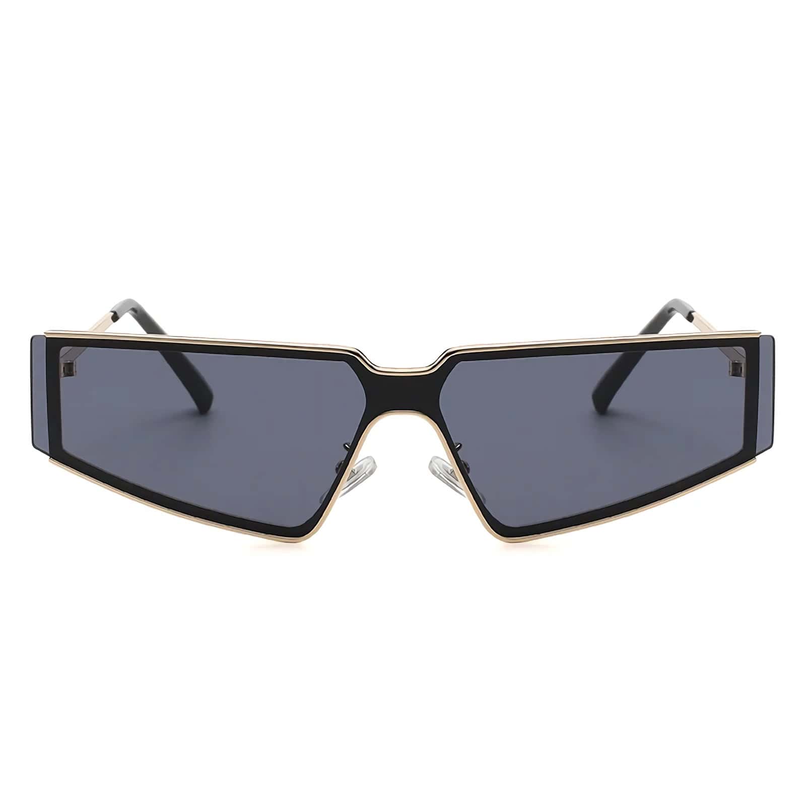Stylish black sunglasses featuring a gold trim and dark tinted lenses, perfect for fashion-forward individuals seeking sun protection and a sophisticated look.