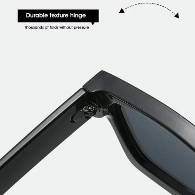 Close-up of high-quality, durable hinge on modern black eyeglasses frame, emphasizing strength and flexibility. Perfect for opticians and eyewear retailers seeking reliable, long-lasting glasses.