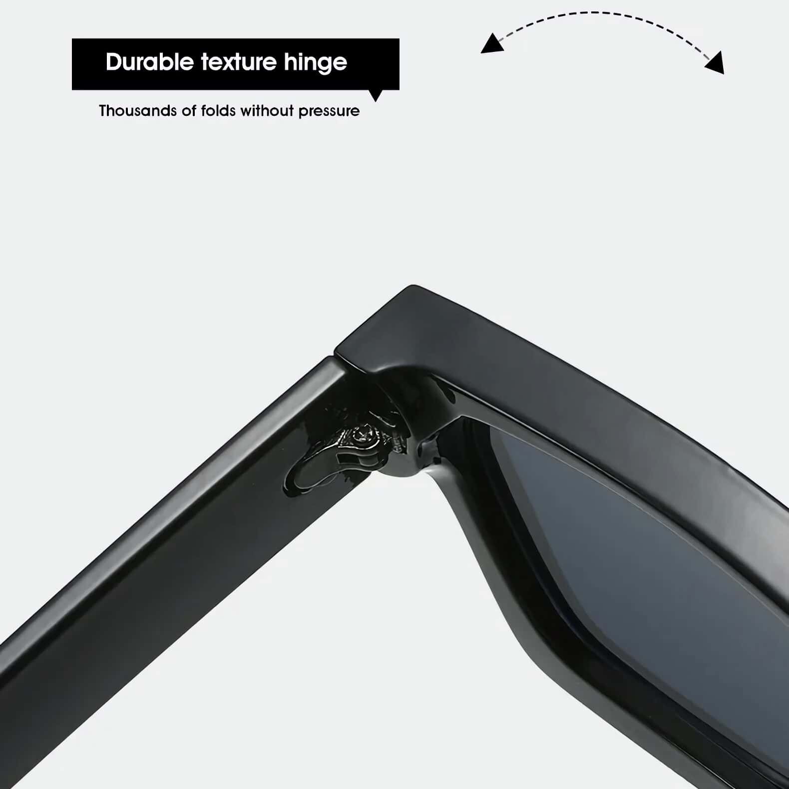 Close-up of high-quality, durable hinge on modern black eyeglasses frame, emphasizing strength and flexibility. Perfect for opticians and eyewear retailers seeking reliable, long-lasting glasses.