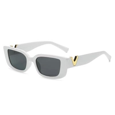 Stylish white sunglasses featuring dark lenses and elegant gold V-shaped details on the temples, perfect for fashion-forward eye protection.