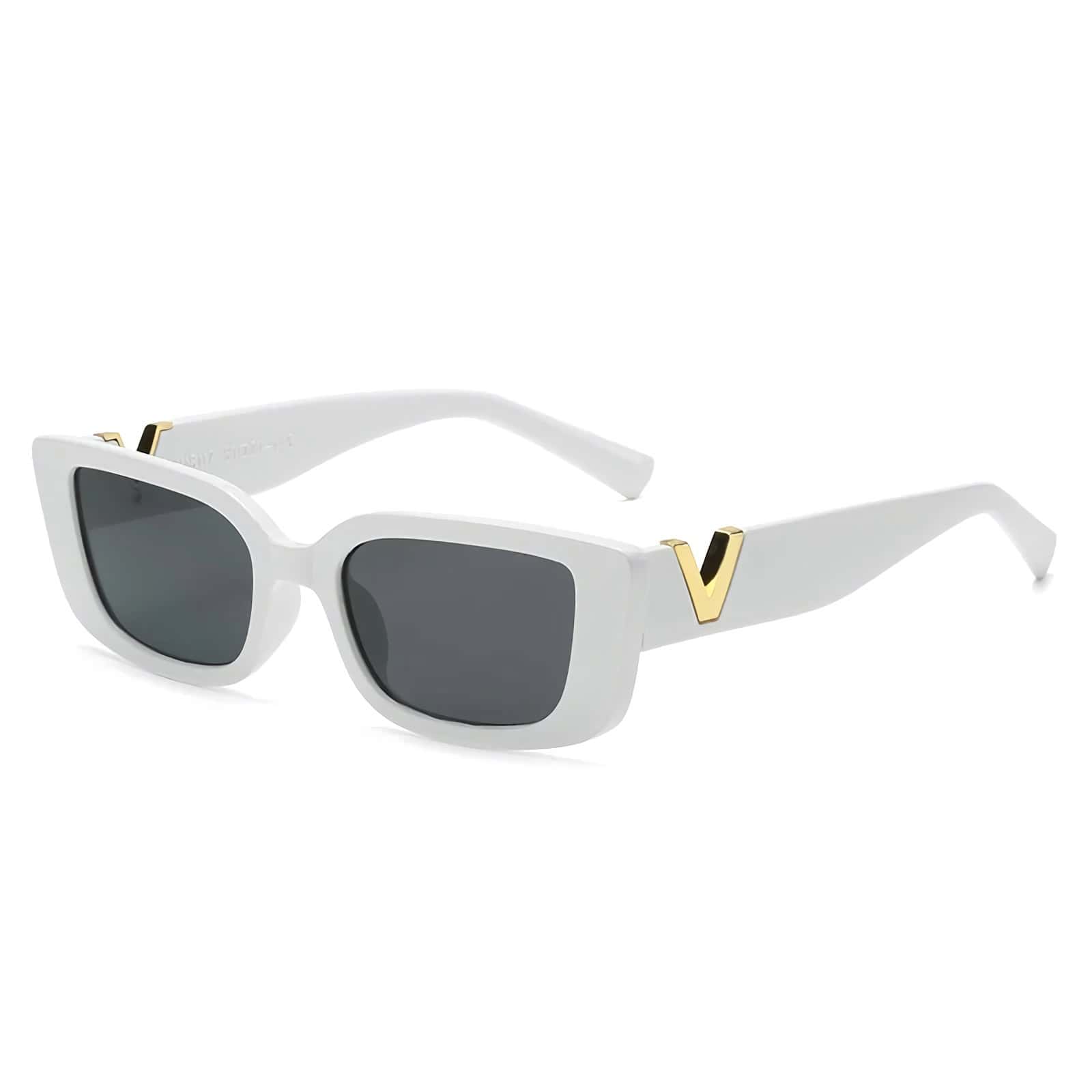 Stylish white sunglasses featuring dark lenses and elegant gold V-shaped details on the temples, perfect for fashion-forward eye protection.