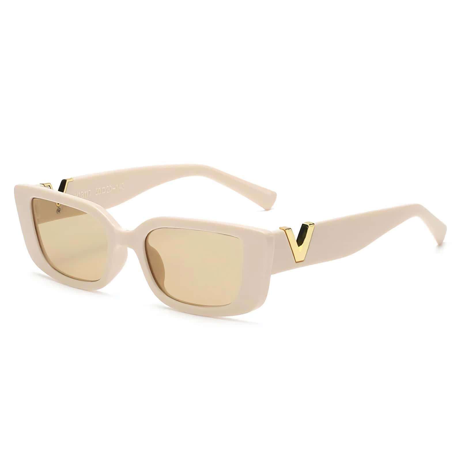 Stylish cream-colored sunglasses with gold V accents, UV protection, perfect for fashion-forward eyewear enthusiasts.