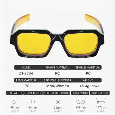 Stylish yellow mirrored sunglasses with a bold black frame, perfect for eye protection and fashion.