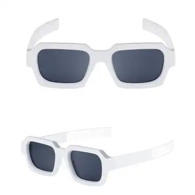 Modern white sunglasses with dark lenses, perfect for UV protection and eye care. These trendy sunglasses combine fashion with functionality for a sleek look.
