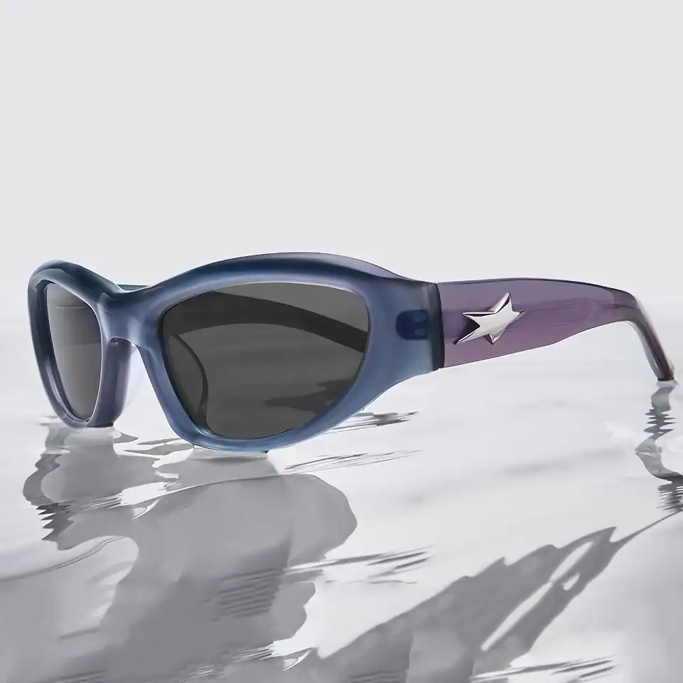 Stylish blue sunglasses with star detail for UV protection and fashion. Perfect for outdoor activities, providing eye protection and enhancing your fashion statement.