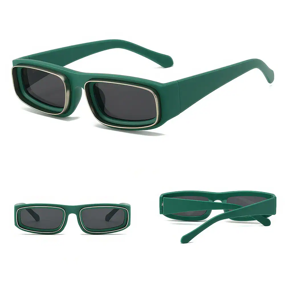 Stylish green sunglasses with black lenses, perfect for fashion-forward sun protection and UV shielding. Durable, lightweight frame ideal for outdoor activities and casual wear.