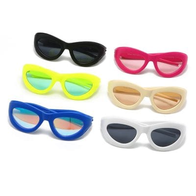 Vibrant, trendy sunglasses with UV protection in various colors including black, pink, yellow, beige, blue, and white, perfect for fashion-forward individuals seeking eye health and style.