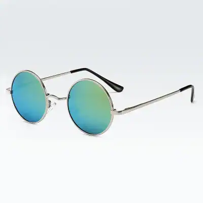 Stylish round sunglasses with reflective blue-green lenses and metallic frame, ideal for fashion and eye protection. Perfect for trendy, on-the-go lifestyles.