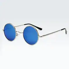 Stylish round sunglasses with blue mirrored lenses, perfect for fashion-forward individuals seeking UV protection and a trendy look. Ideal for casual and outdoor fashion.