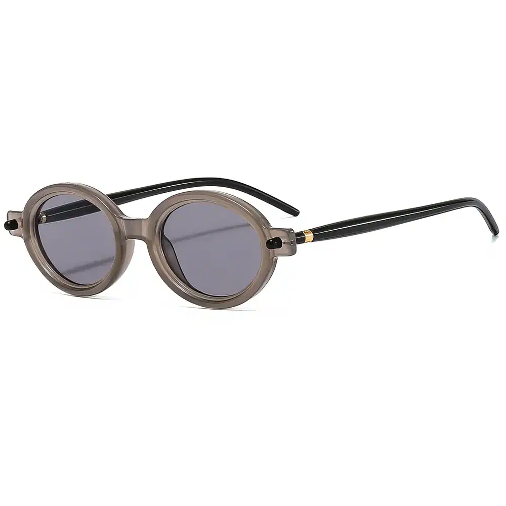 Stylish round sunglasses with a transparent beige frame and black temples, providing UV protection and perfect for fashion-forward look. Ideal for sunny days and outdoor activities.