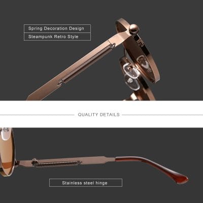 Stylish steampunk retro fashion sunglasses with spring decoration design, stainless steel hinge, perfect for unique vintage accessory enthusiasts and eyewear lovers.