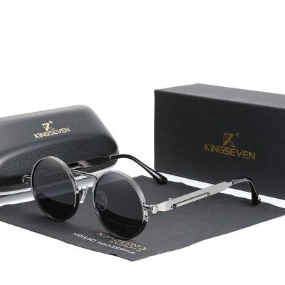 Stylish round black sunglasses with silver accents, UV protection, perfect for fashion and eye health, from Monalisa Medical Store.