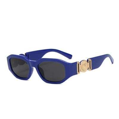 Stylish blue sunglasses with black lenses and gold accents, perfect for trendy eyewear fashion and UV protection.