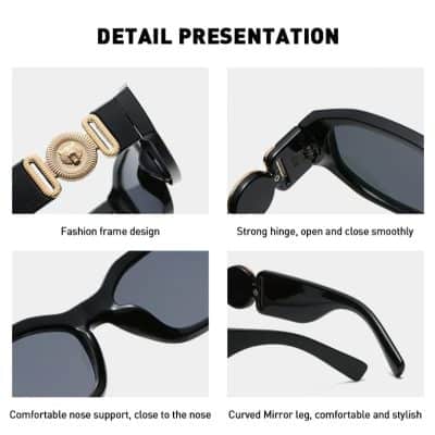 Stylish black sunglasses with fashion-forward design and durable hinges for smooth opening and closing. Perfect for eye protection and fashion statement.