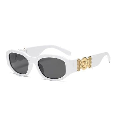 Stylish white sunglasses with dark lenses and gold decorative accents, ideal for fashion-forward eyewear enthusiasts and sun protection.