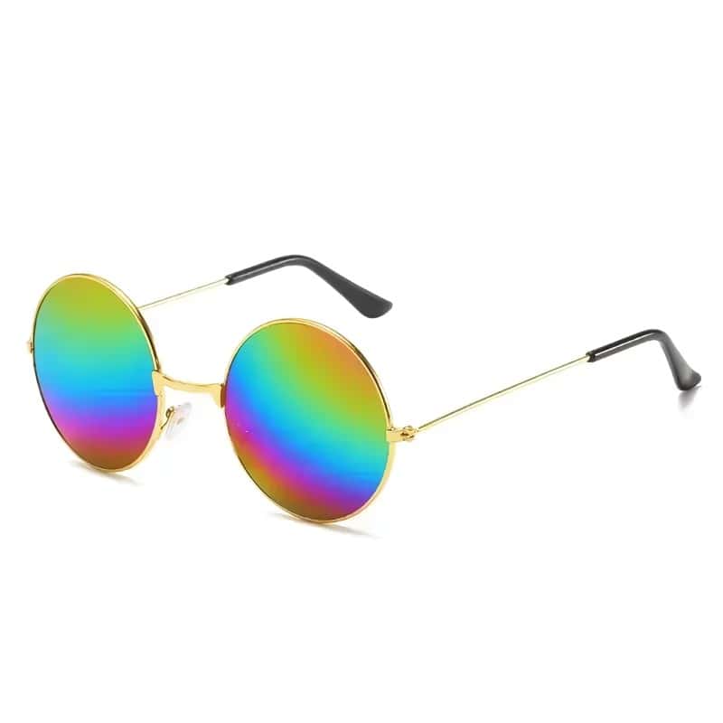 Stylish round sunglasses with mirrored rainbow lenses and gold frame, ideal for trendy eyewear accessories and UV protection. Perfect for fashion-forward individuals seeking UV protection and unique eyewear styles.