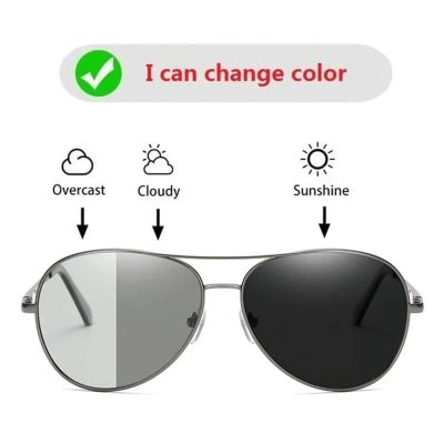 Sunglasses with photochromic lenses that adapt to different lighting conditions, ideal for overcast, cloudy, and sunny days, providing optimal eye protection and vision clarity.