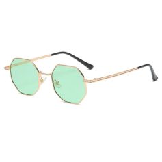 Elegant hexagon-shaped sunglasses with gold frame and green-tinted lenses, perfect for eye protection and fashion. Ideal for modern eyewear lovers.