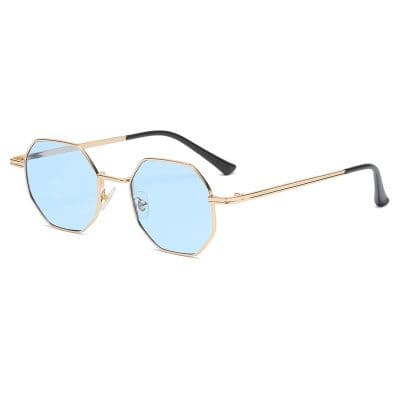 Stylish hexagonal sunglasses with light blue polarized lenses, gold metal frame, and comfortable black temple tips for UV protection and fashion. Perfect for fashion-forward eyewear enthusiasts.