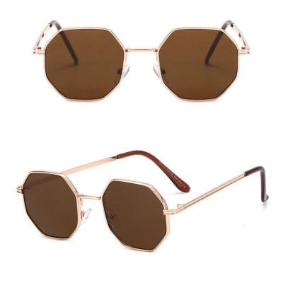 Stylish gold-framed hexagon sunglasses with dark lenses, perfect for fashion-forward eyewear enthusiasts and sun protection.