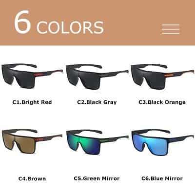 High-quality sunglasses for men and women at Monalisa Store, offering stylish frames in 6 trendy colors including bright red, black gray, black orange, brown, green mirror, and blue mirror, perfect for UV protection and fashion.