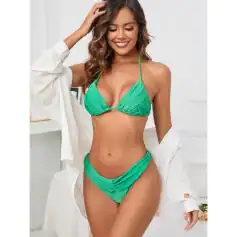 A stylish green bikini set featuring a ruched triangle top with adjustable straps and matching low-rise bottoms, perfect for beach or poolside wear.