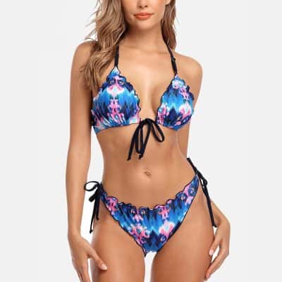 Colorful floral print bikini with ruffled edges and adjustable ties, perfect for beachwear and swimming. Bright, stylish swimwear designed for summer vacations and pool days.