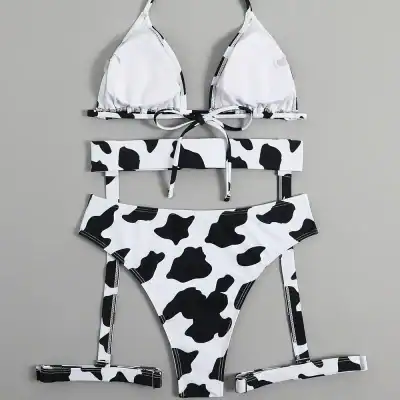 High-quality cow print bikini with adjustable straps for comfortable fit, perfect for swim, pool, or seaside vacations.