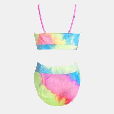 Bright, multicolor tie-dye bikini top and bottom set with adjustable pink straps, ideal for trendy swimwear or resort wear. Made from stretchy, textured fabric for a sleek look.