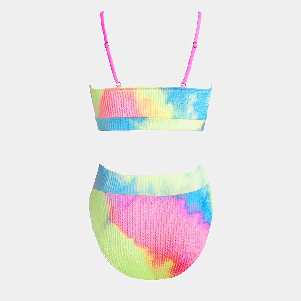 Bright, multicolor tie-dye bikini top and bottom set with adjustable pink straps, ideal for trendy swimwear or resort wear. Made from stretchy, textured fabric for a sleek look.