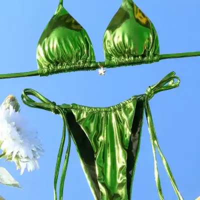Vaporwave style two-piece bikini, shiny metallic green fabric, fashionable and trendy swimwear for summer or pool parties at Monalisa Store.