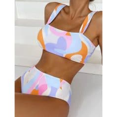 Colorful abstract print bikini for women, fashionable swimwear with support and comfort, perfect for beach or poolside activities.